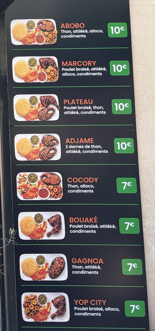 La carte du Garbadrome affichée en vitrine : huit plats avec leurs prix